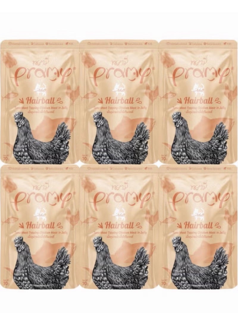 Pramy Wet food for adult cats with tuna and chicken flavor - 6 packs x 70 g - Helps control hair rollers thanks to natural fiber and omega-3 - High-protein and easy-digestible wet food - Image 1